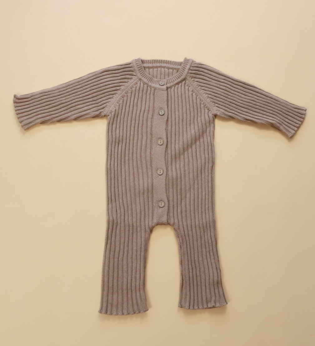 Ribbed Knit Button Up Romper in Beige