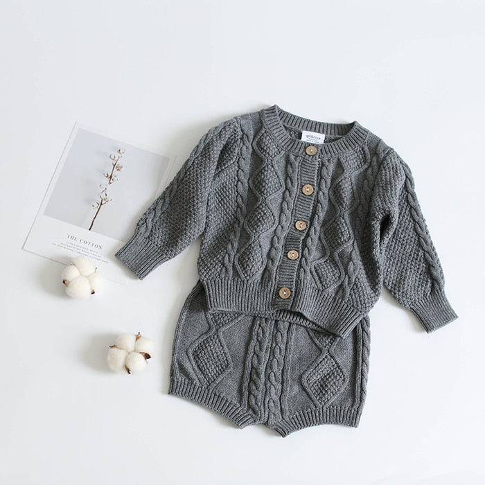 Cable Knit Sweater Cardigan & Shorts Set - Grey