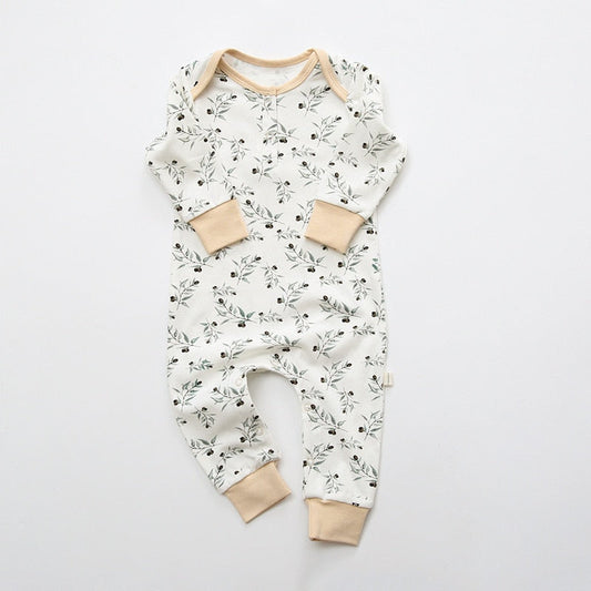White & Beige Foliage Print Cotton Onesie