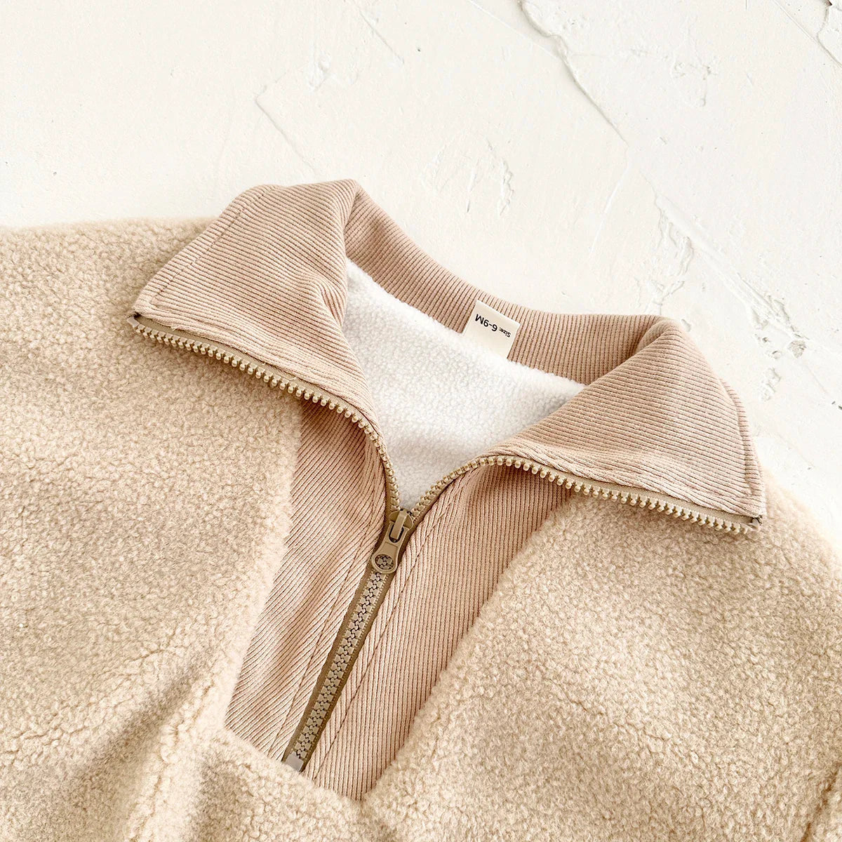Sherpa & Corduroy 1/4 Zip Pullover Sweater - Beige