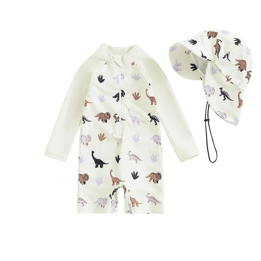 Dino Print Zip-Front One-Piece Rashguard Swimsuit & Hat Set