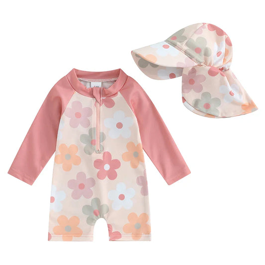 Flower Power Zip-Front One-Piece Rashguard Swimsuit & Hat Set