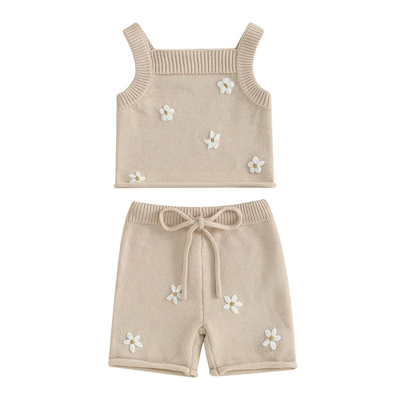 Daisy Knit Tank & Shorts Set - Beige