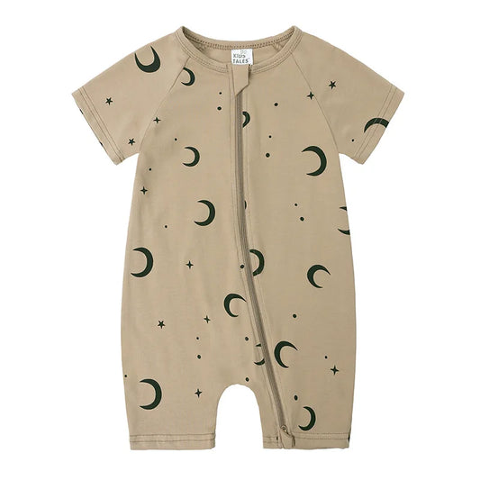 Short Sleeve Zippered Jumpsuit - Moon Print