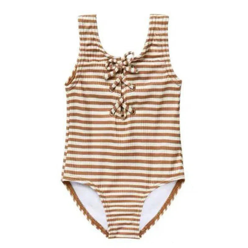 Girls Cross Tie Striped Swimsuit