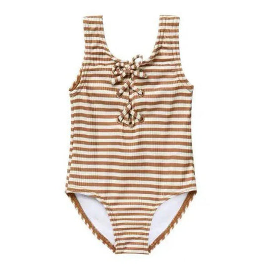 Girls Cross Tie Striped Swimsuit