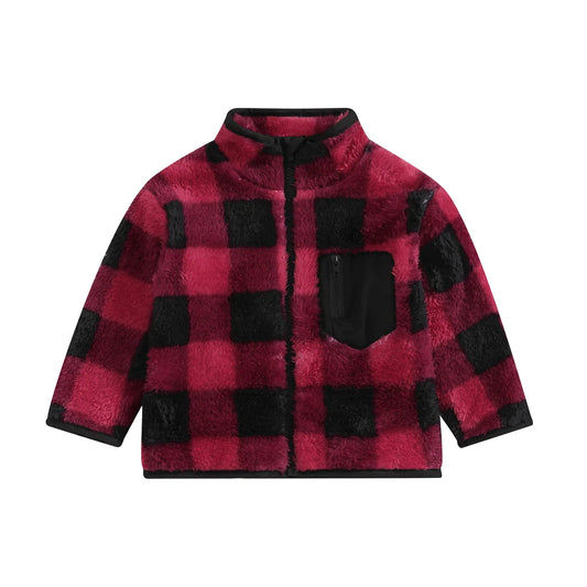 Checkered Sherpa Pocket Zip Up Sweater - Red