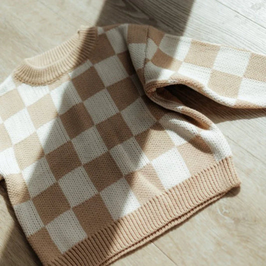 Knit Checkered Sweater in Tan