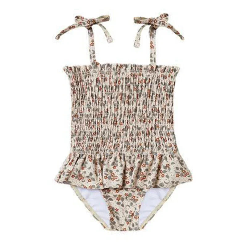 Girls Bow Strap Mini Floral Shirred Swimsuit