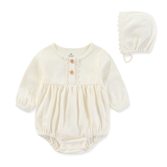 Long Sleeve Romper & Bonnet Set - Cream