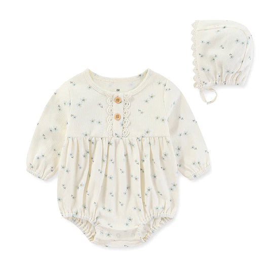 Long Sleeve Romper & Bonnet Set - Blue Pansy