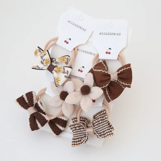 10 Piece Hair Tie Bow Set - Brown Floral Theme