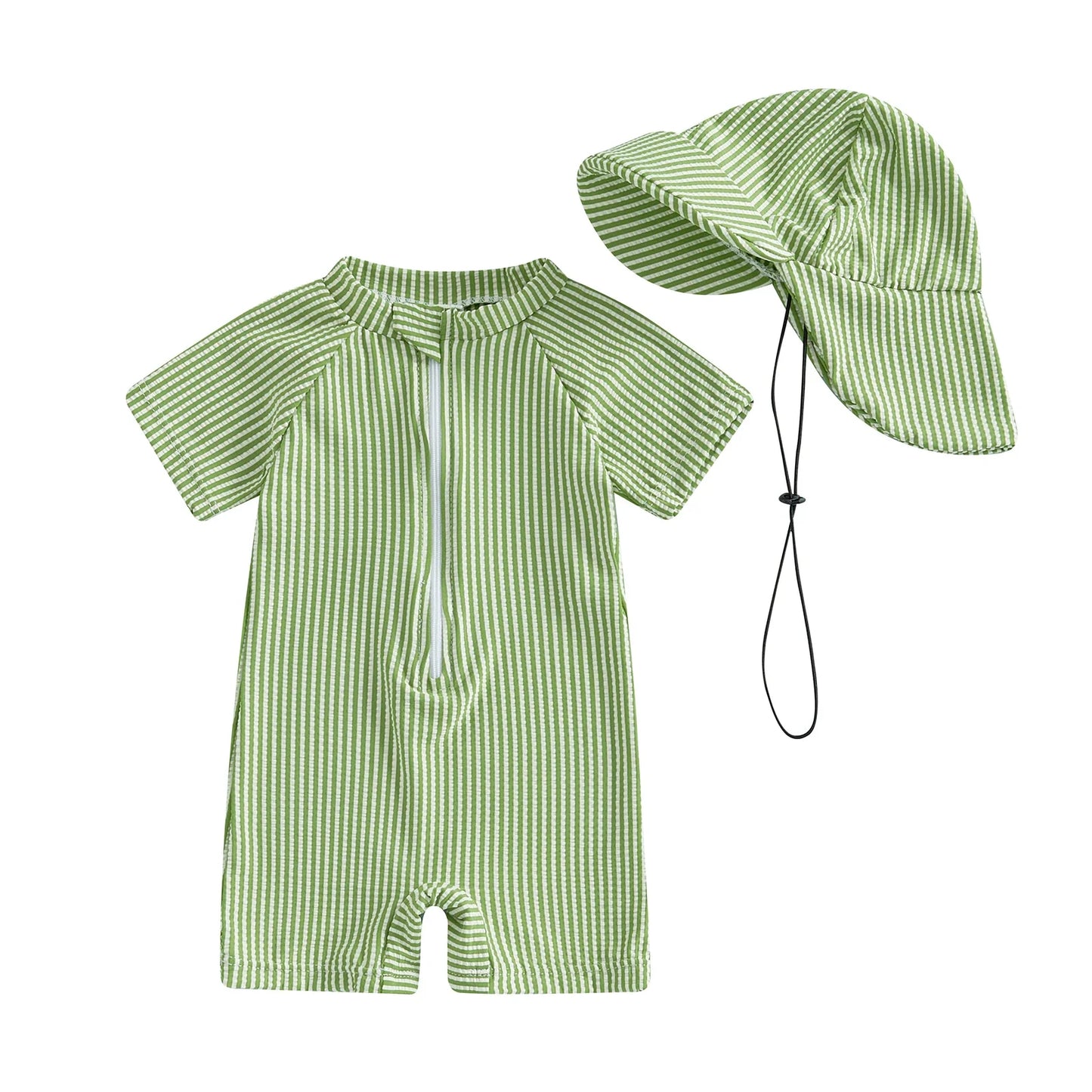 Hamptons Striped Zip-Up Swimsuit & Sun Hat Set