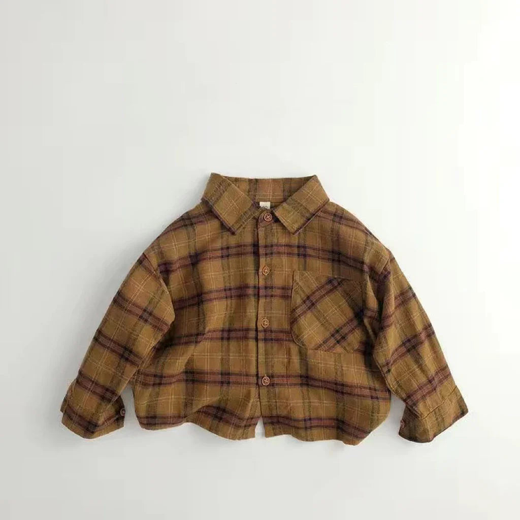 Plaid Button Up Collard Shirt - Camel