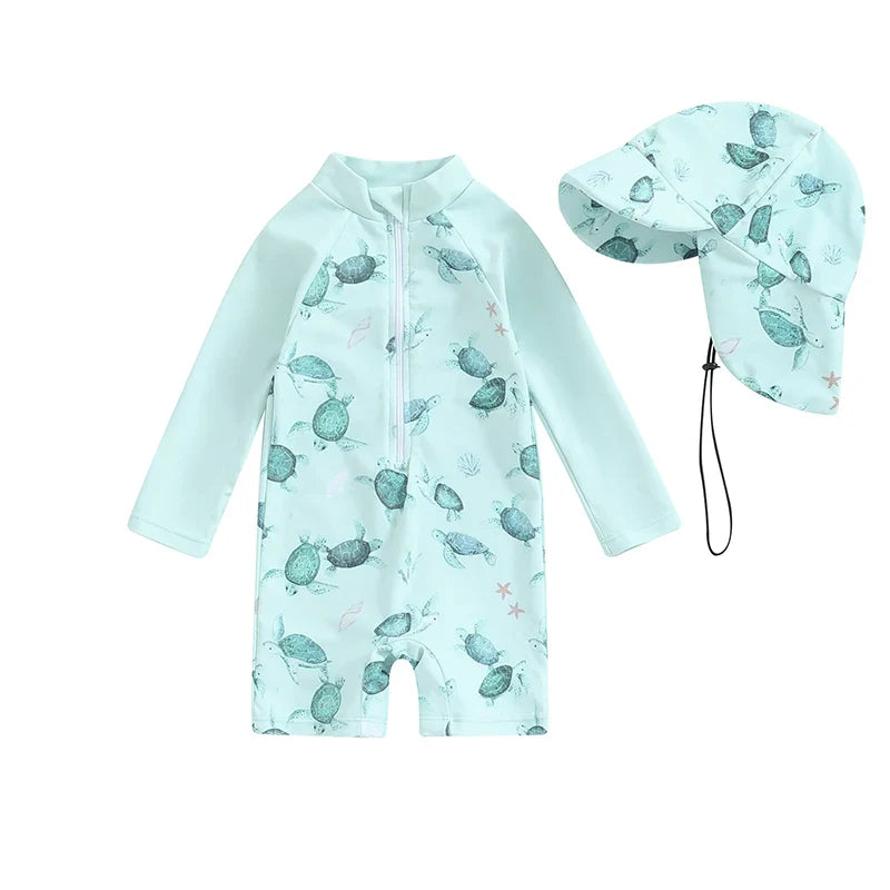 Teal Turtle Print Zip-Front One-Piece Rashguard Swimsuit & Hat Set