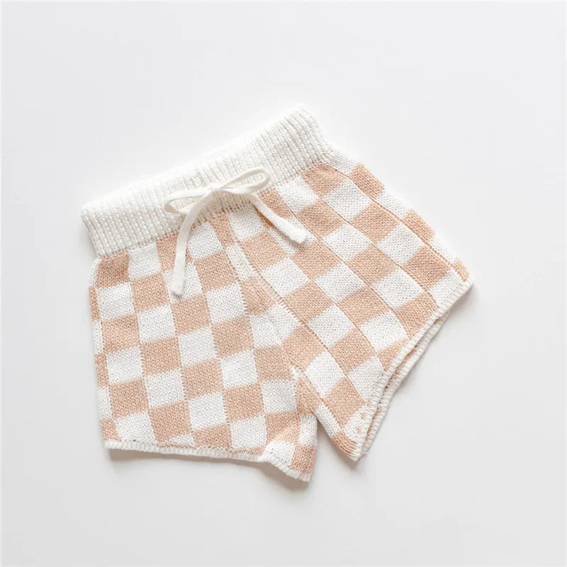 Summer Knit Checkered Shorts & T-Shirt - Biscotti