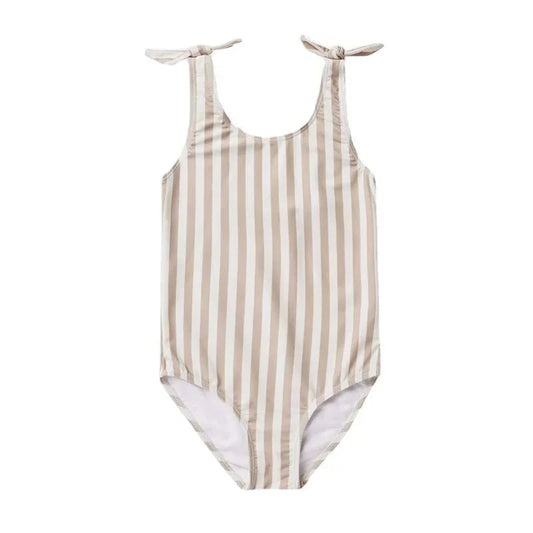 Girls Beige Striped Bow Knot Swimsuit