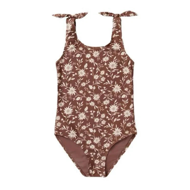 Girls Brown Floral Bow Knot Swimsuit
