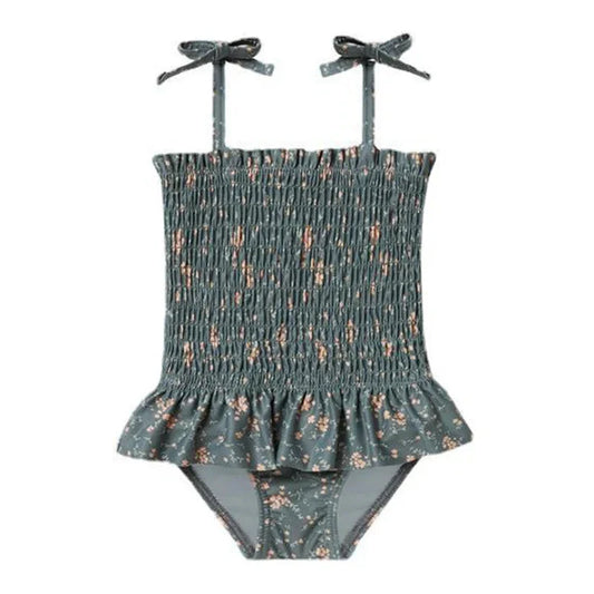 Girls 2 Piece Mini Floral Shirred Swimsuit - Sea Green