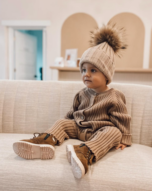 Ribbed Knit Button Up Romper in Beige