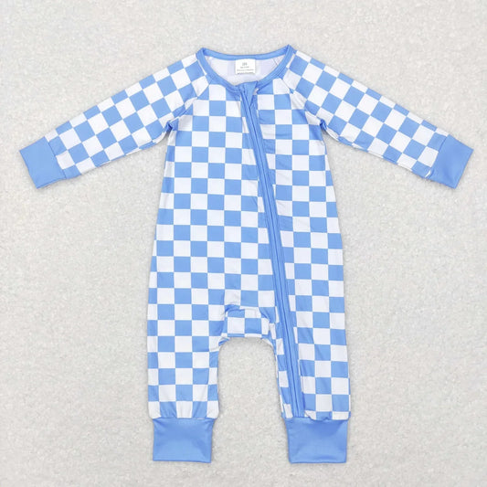 Checkered Zippered Onesie in Sky Blue