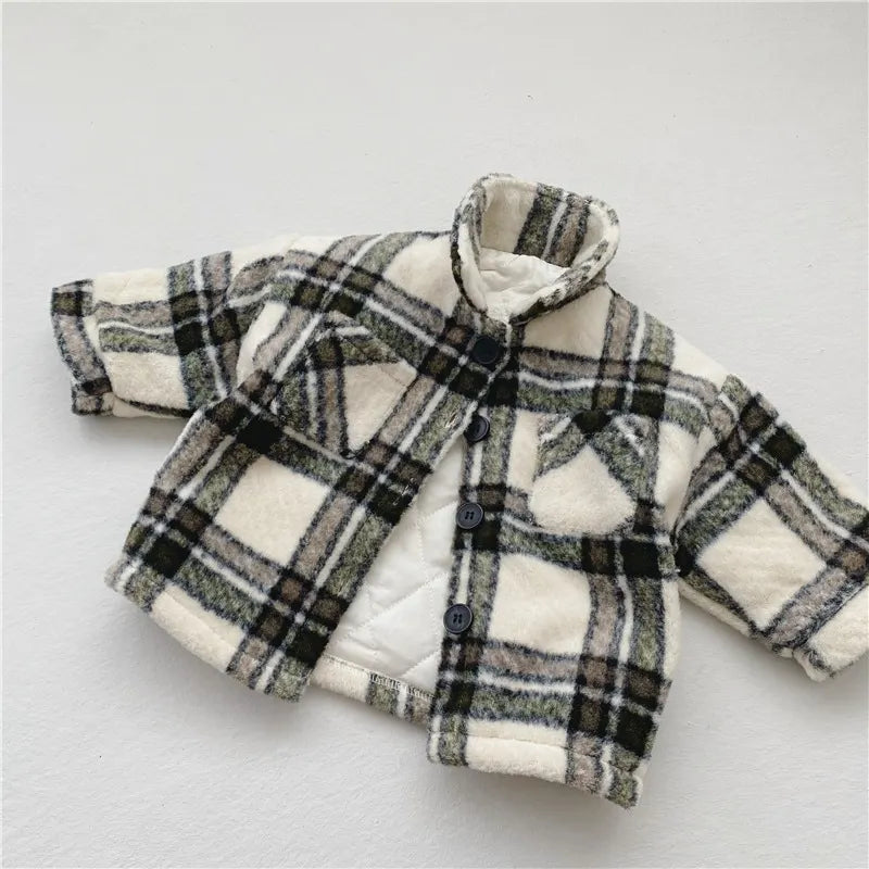 Padded Plaid Button Up Collared Jacket