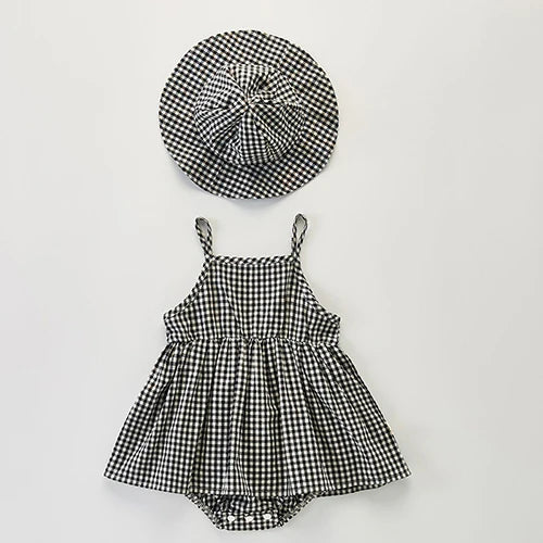 Plaid Summer Tank Dress & Sun Hat Set in Black
