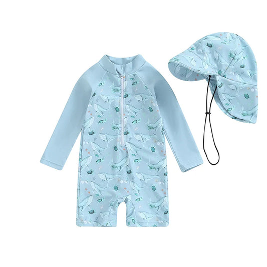 Whale Print Zip-Front One-Piece Rashguard Swimsuit & Hat Set