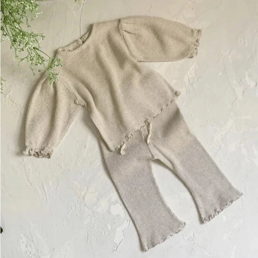 Waffle Knit Puff Sleeve & Shirt & Flared Pants