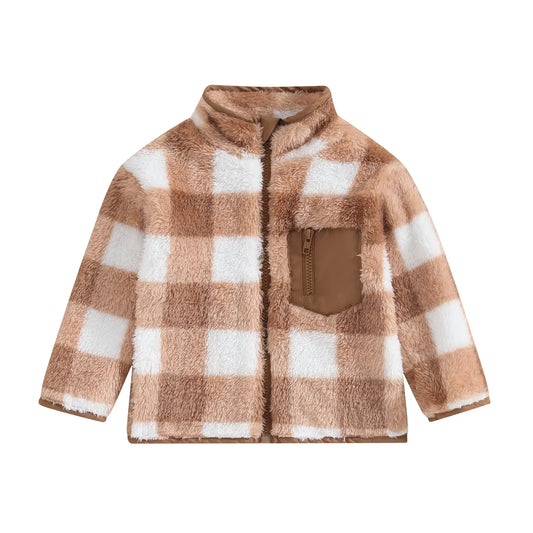 Checkered Sherpa Pocket Zip Up Sweater - Beige
