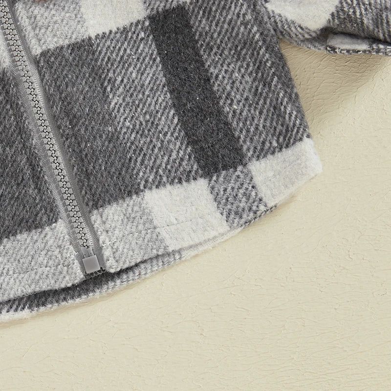 Grey Plaid Hooded Zip Up Sweater Jacket