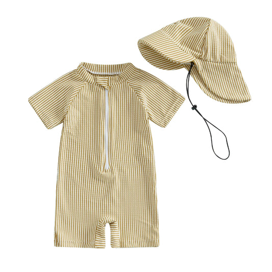 Hamptons Striped Zip-Up Swimsuit & Sun Hat Set