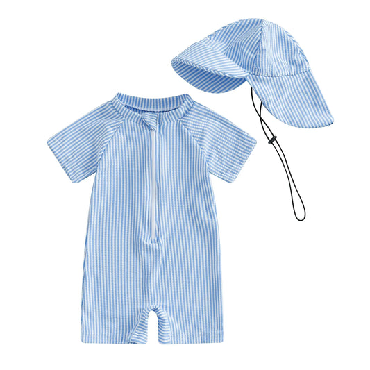 Hamptons Striped Zip-Up Swimsuit & Sun Hat Set