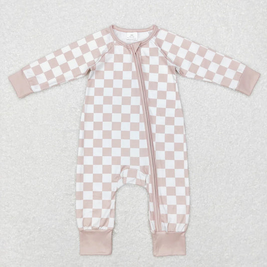Checkered Zippered Onesie in Beige