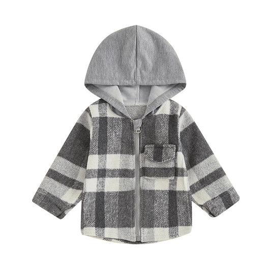 Grey Plaid Hooded Zip Up Sweater Jacket