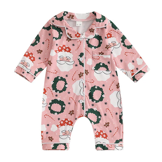 Girls Button Up Christmas PJ's - Pink Santa & Wreath Print