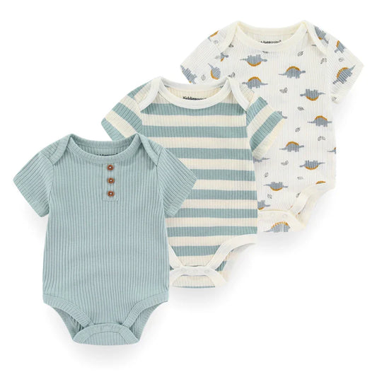 3 Piece Onesie Bundle - Blue, Striped, Dino