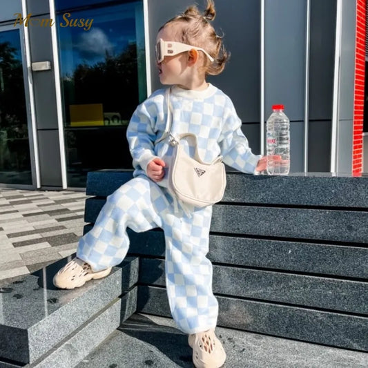 Knit Checkered Lounge Set in Blue