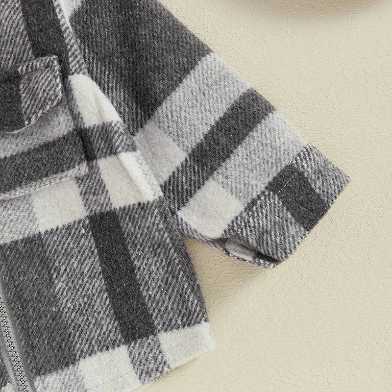 Grey Plaid Hooded Zip Up Sweater Jacket