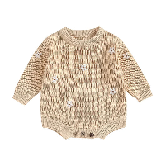 Daisy Embroidered Knit Sweater Romper