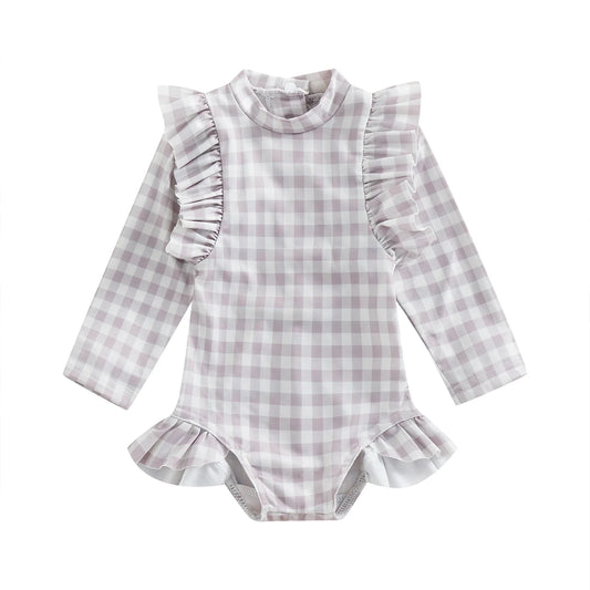 Lavender Plaid Girl's One Piece Ruffle Swimsuit