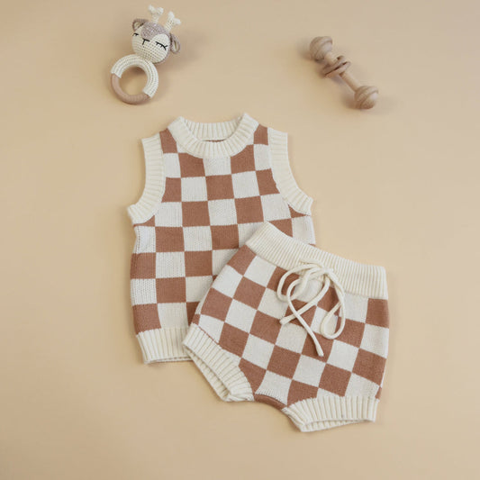 Checkerboard Knit Sleeveless Sweater & Tie-Up Shorts