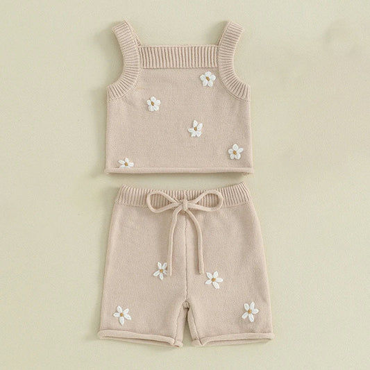 Daisy Knit Tank & Shorts Set - Beige