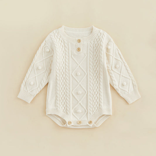 Cable Knit Button Romper in White